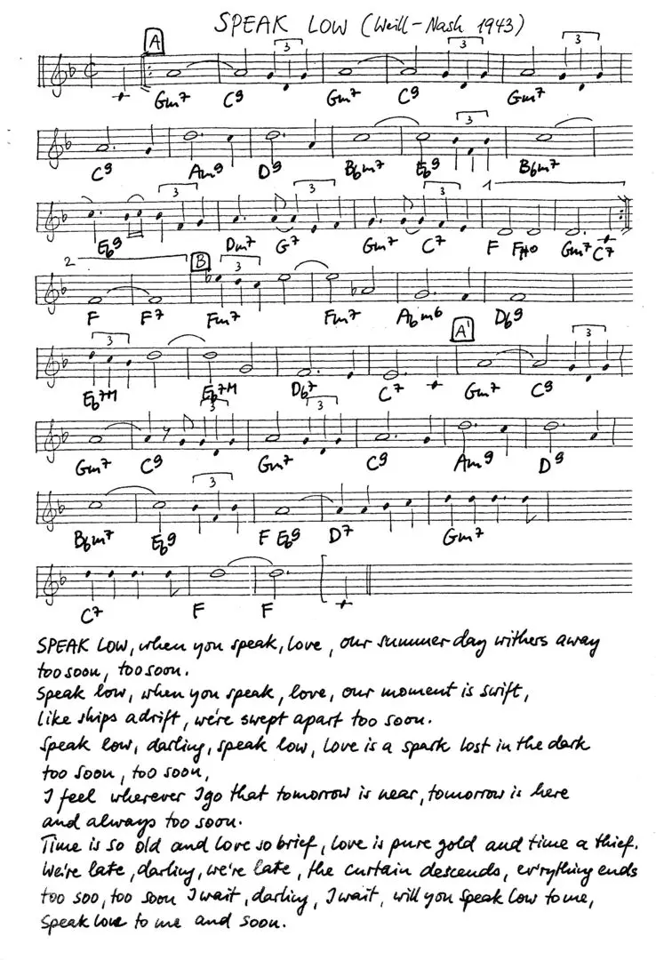 speak low free jazz leadsheet - Courtesy of the Jungle Jazz Band